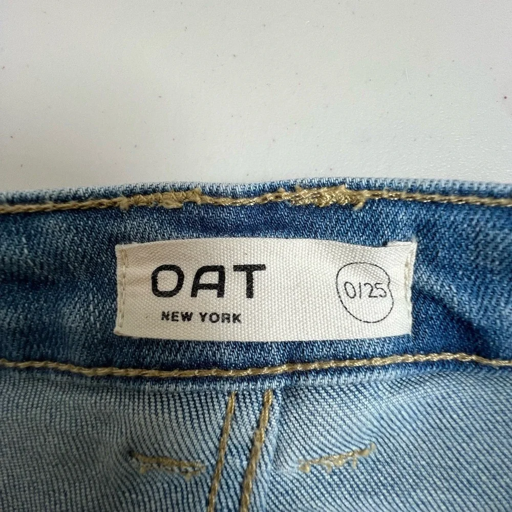 Oat New York Womens 25 Relaxed Straight Leg Light Wash Mid Rise Fringe Hem Jeans